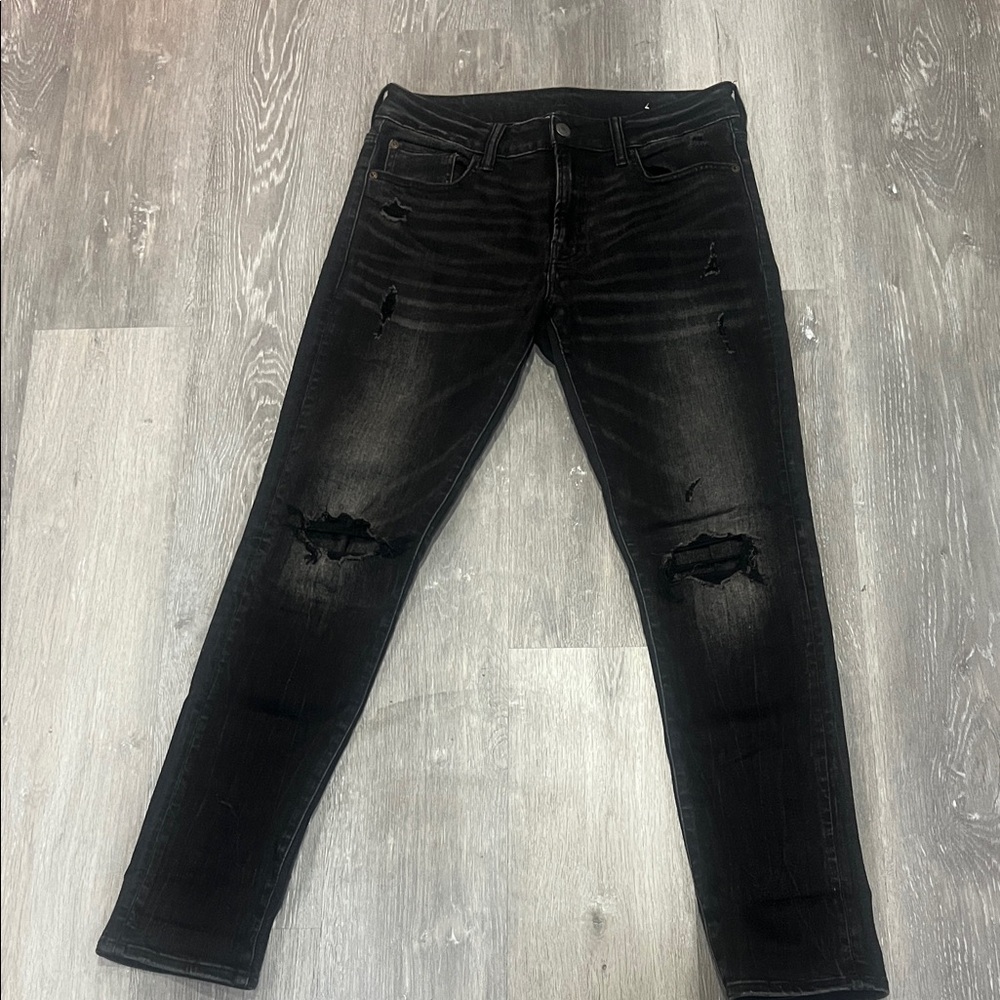 American Eagle Outfitters Men's Black Ripped Skinny Jeans